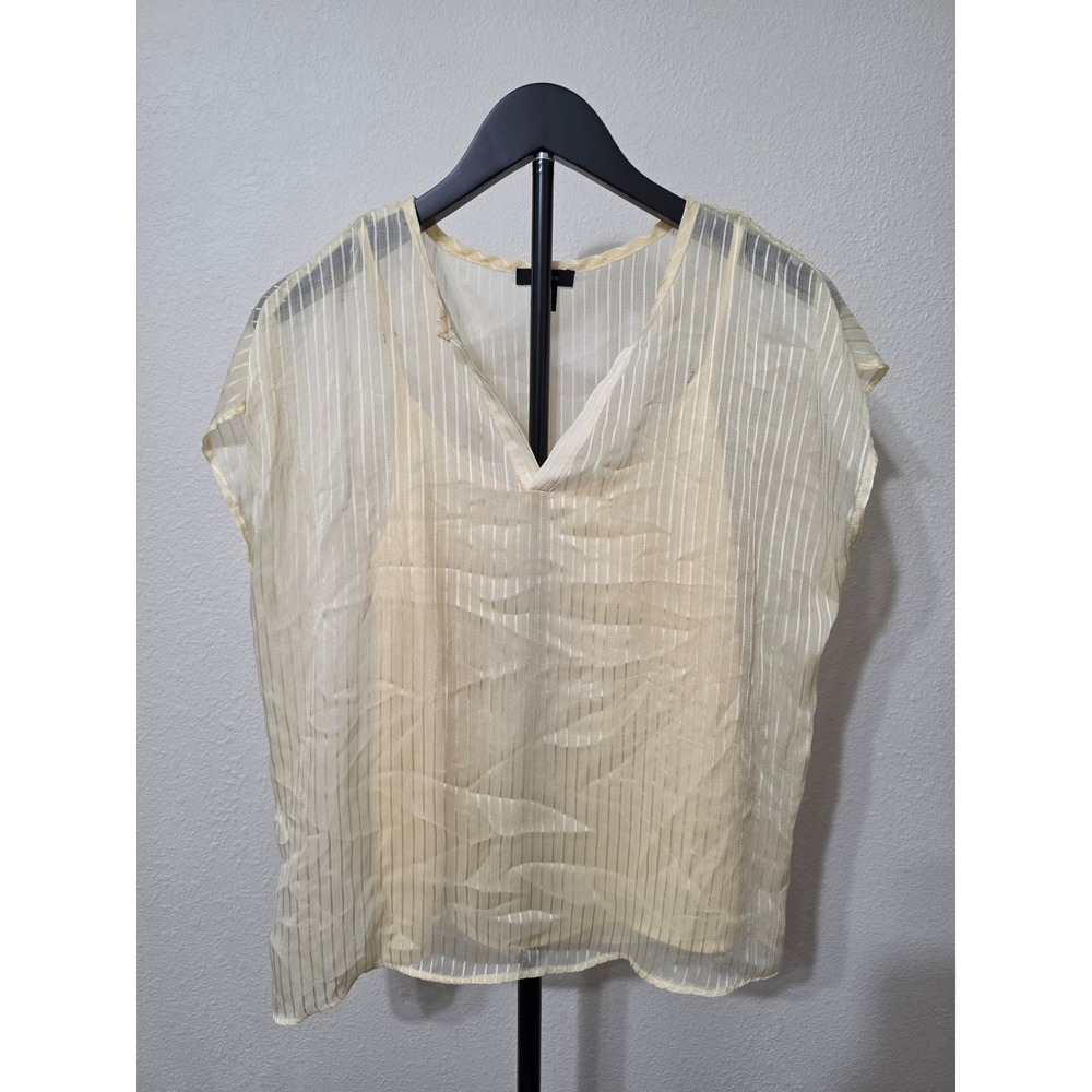 Halogen Womens Yellow Sheer Striped V-Neck Blouse with Camisole Liner Size M